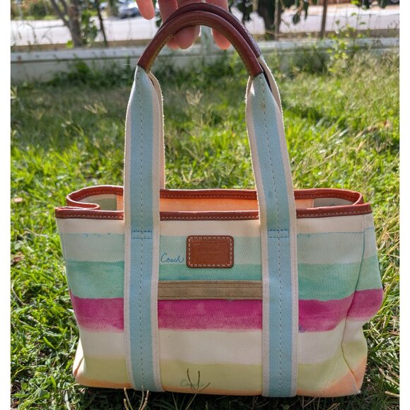 Coach, Hamptons Watercolor Canvas Mini Tote Bag, Multicolor Stripe, Leather Trim - Picture 15 of 15